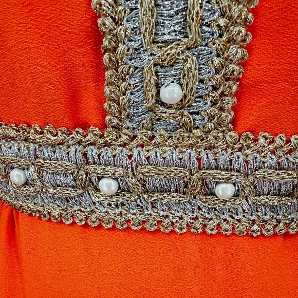 Vintage 60s Coral Highlighter Neon Babydoll Mini Dress Gold White Woven Trim - Picture 10 of 15